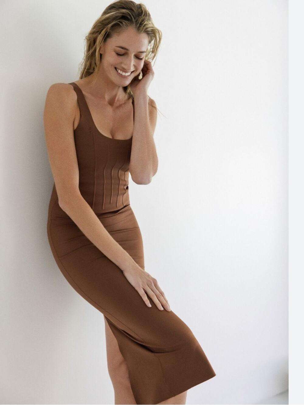 Zara Polyamide Blend Corset Midi Dress Stretch Brown Size Small